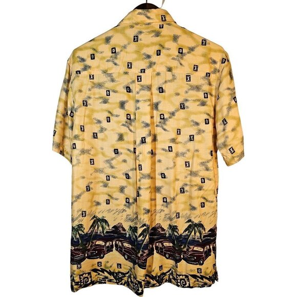 90s Ron Chereskin Hawaiian Shirt Beach Woody Surfer Pattern Rayon Mens M Yellow - Picture 4 of 10